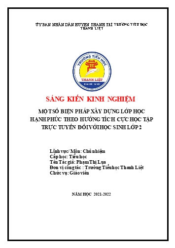 Sáng kiến kinh nghiệm Một số biện pháp xây dựng Lớp học hạnh phúc theo hướng tích cực học tập trực tuyến đối với học sinh Lớp 2